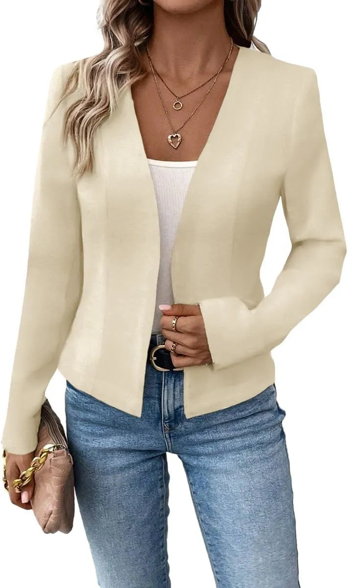 2025 Women's Spring Tweed Blazer Fully-Lined Collarless Open Front Elegant Petite Cute Fashion Casual Work Jacket