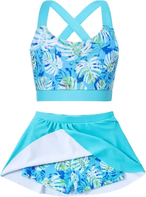 AIDEAONE Girls Swimsuit Two Piece Tankini Skirt Set with Boyshort Summer Beach Bathing Suit Size 6-13