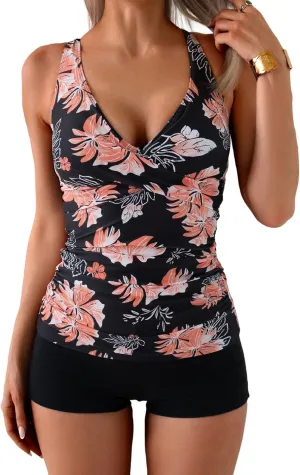 B2prity Women's Tankini Swimsuits Tummy Control Ruched Two Piece Bathing Suit V Neck Wrap Tie Back Swimwear with Shorts