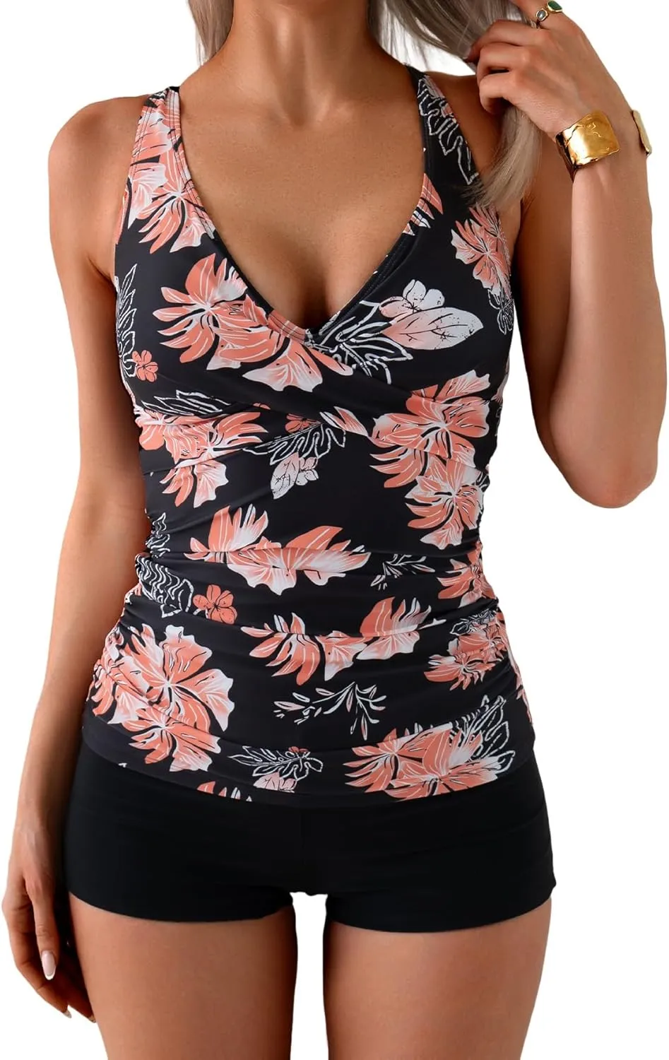 B2prity Women's Tankini Swimsuits Tummy Control Ruched Two Piece Bathing Suit V Neck Wrap Tie Back Swimwear with Shorts