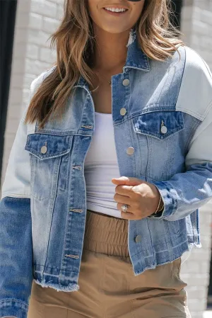 Blue Color Block Denim Patchwork Frayed Hem Jacket