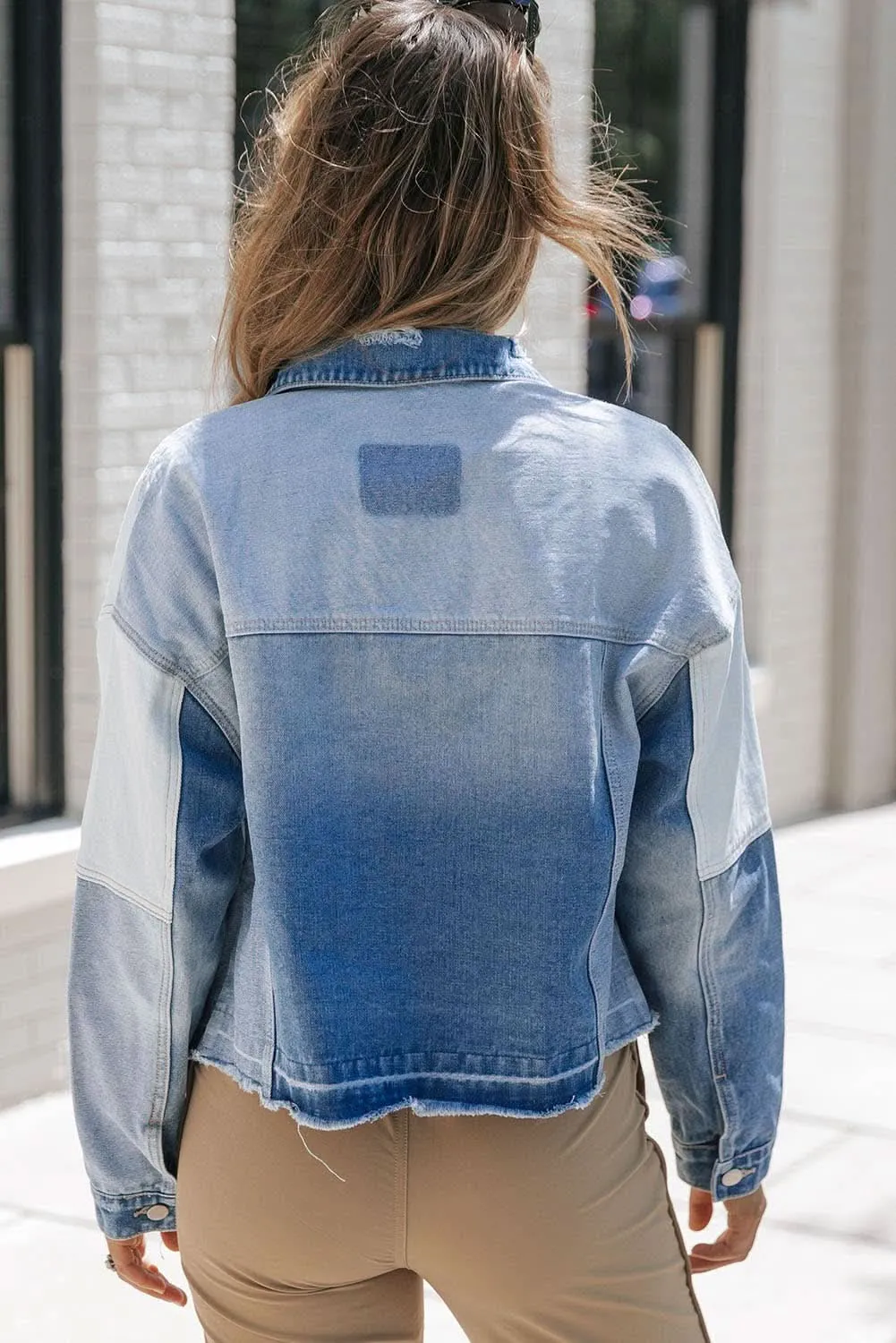Blue Color Block Denim Patchwork Frayed Hem Jacket