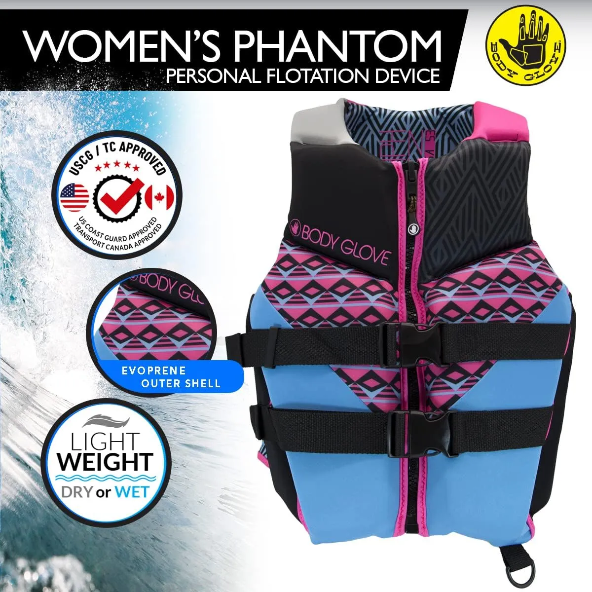 Body Glove- Phantom Women's Evoprene PFD-Adult Life Jacket - Coast Guard Approved, High Mobility PFD, Lightweight Buoyancy Foam, Universal and Oversize