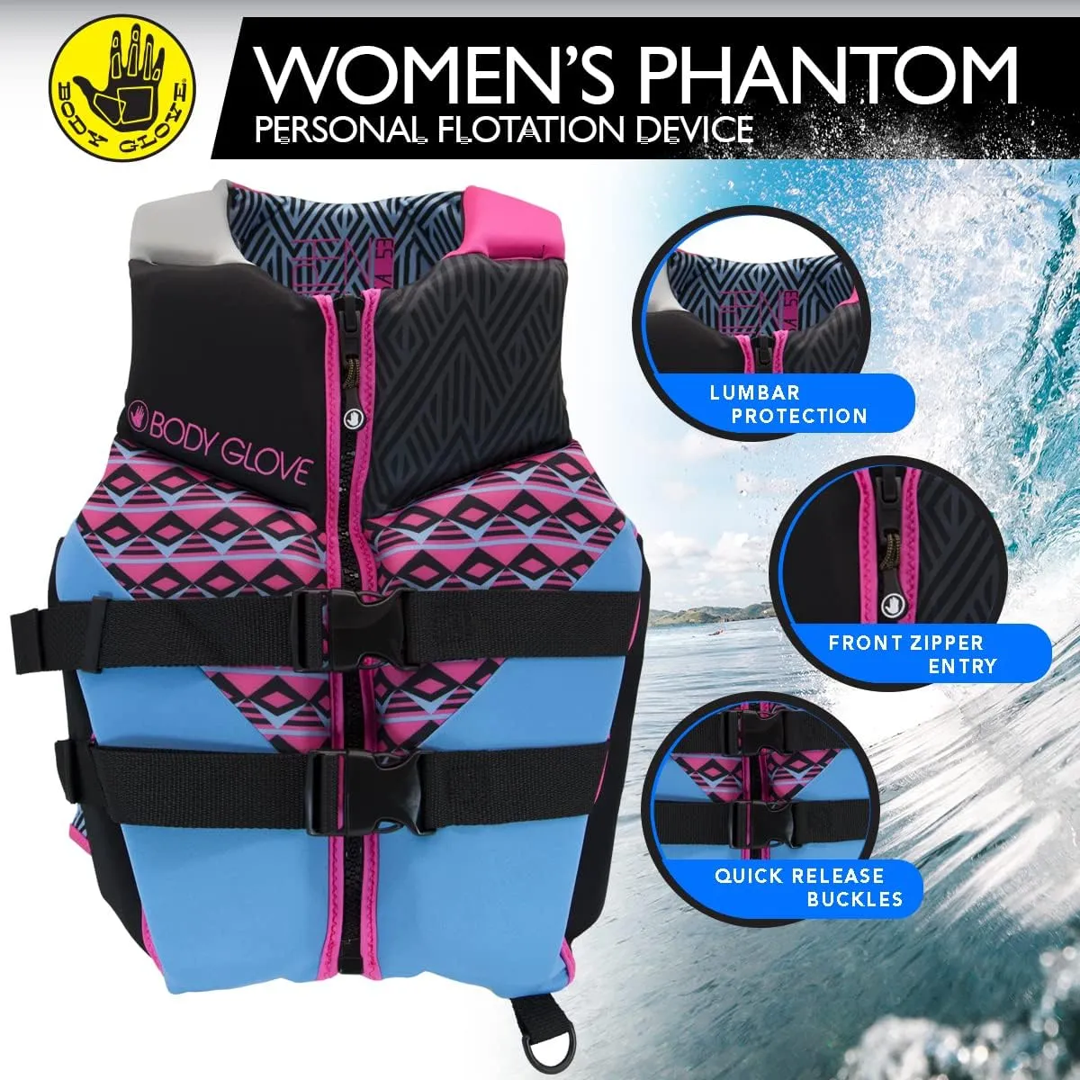 Body Glove- Phantom Women's Evoprene PFD-Adult Life Jacket - Coast Guard Approved, High Mobility PFD, Lightweight Buoyancy Foam, Universal and Oversize