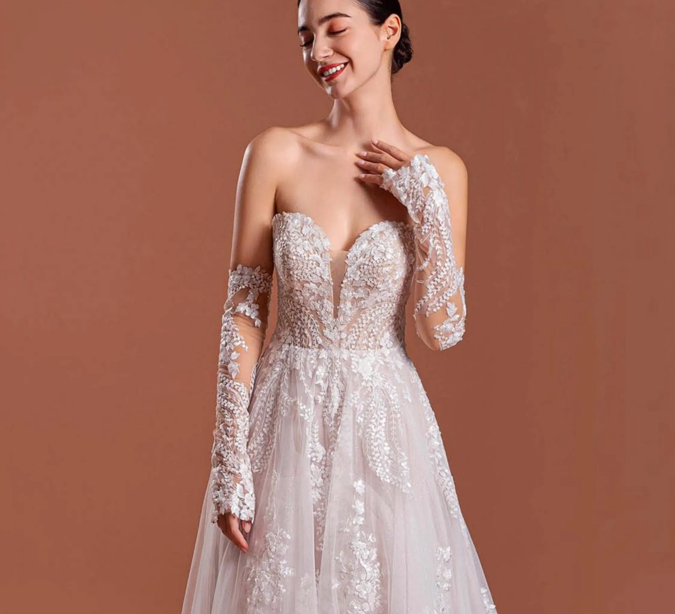 Boho Lace A Line Wedding Gown with Detachable Lace Sleeves