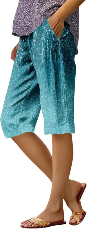 Capri Pants for Women Bermuda Shorts High Waisted Wide Leg Cropped Linen Pants Casual Palazzo Pant with Pockets