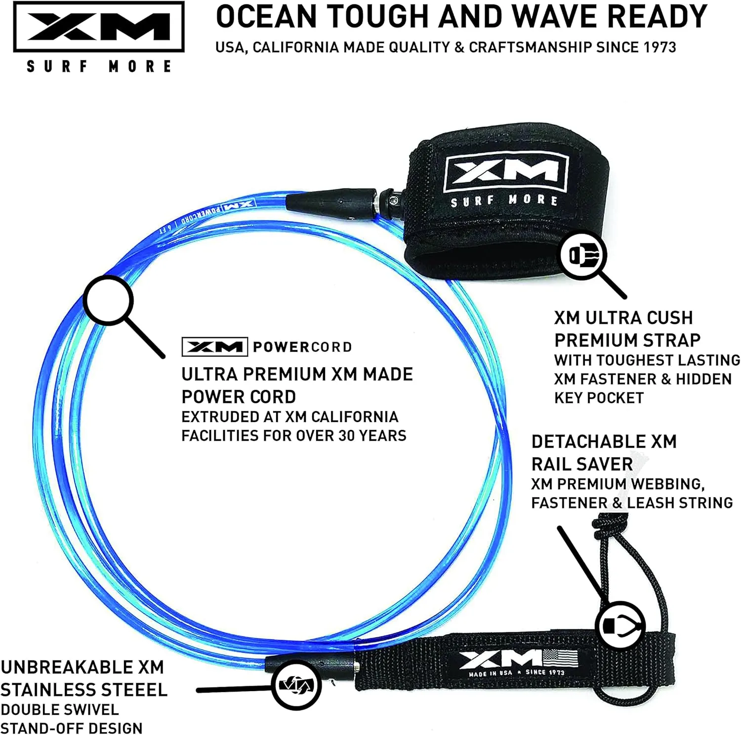 COMP Premium Surfboard Leash, Choose 5/6/7/8/9/10ft Length, Cord Thickness (.220 in.), Colors, Key Pocket, Unbreakable Swivels, Detachable Railsaver, Made in USA [3 Yr Warranty]