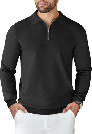 COOFANDY Mens Knit Polo Shirts Casual Long Sleeve Quarter Zip Polo Sweater Classic Golf Shirts
