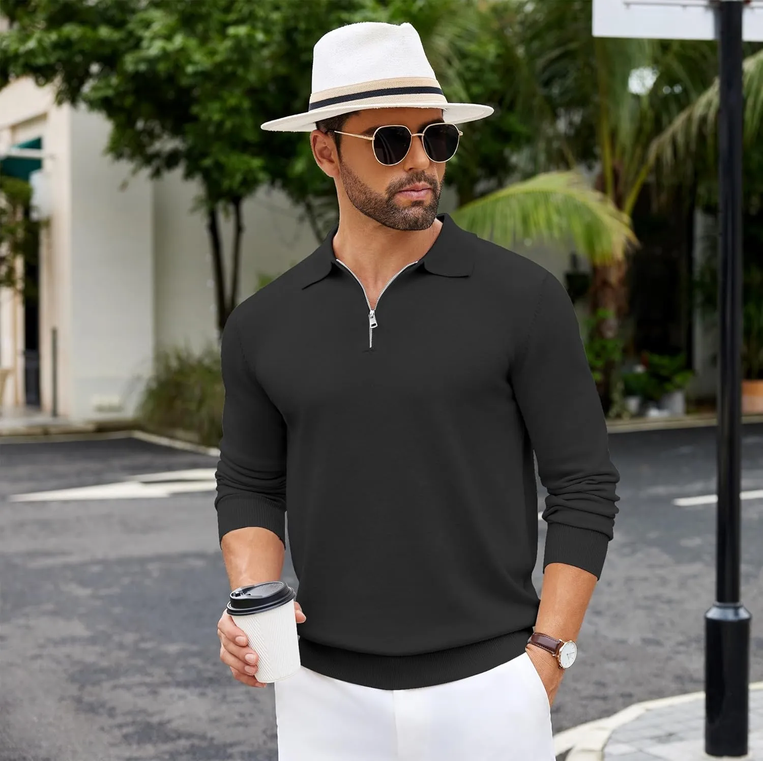 COOFANDY Mens Knit Polo Shirts Casual Long Sleeve Quarter Zip Polo Sweater Classic Golf Shirts