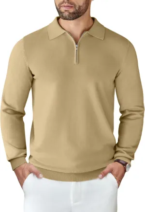 COOFANDY Mens Knit Polo Shirts Casual Long Sleeve Quarter Zip Polo Sweater Classic Golf Shirts