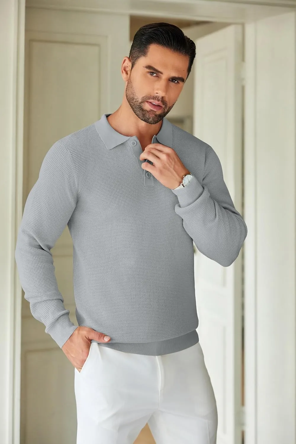 COOFANDY Mens Knit Polo Shirts Long Sleeve Sweater Casual Polo Shirts Lightweight Collared T Shirts