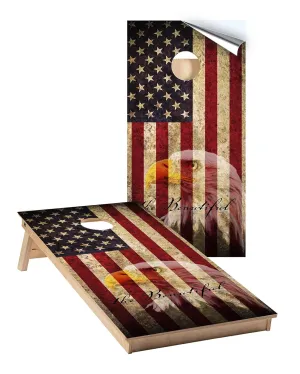 Cornhole Board Wraps 806 - America The Beautiful Vintage Flag with Eagle Cornhole Game Graphic Decals - Includes Application Squeegee - Set of (2) 25" x 49" Wraps with Gloss Laminate