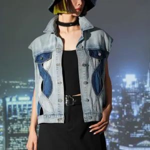Denim Waistcoat For Women Lapel Sleeveless Hollow Out Spliced Single Breasted Waistcoats Female Fashion Clothing