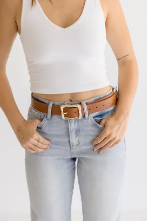 Diana Rectangle Metal Buckle Vegan Leather Belt Cognac