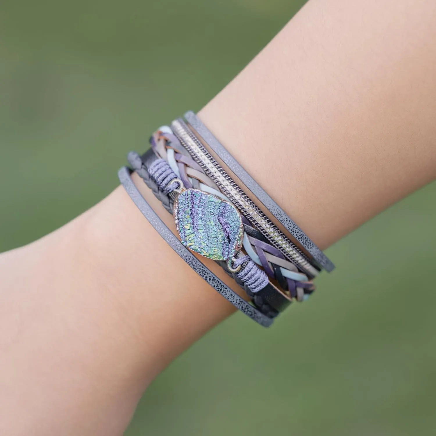 FANCY SHINY Braided Leather Bangle Bracelets Boho Resin Stone Wrap Bracelets Stackable Cuff Bracelets with Magnetic Clasp for Women
