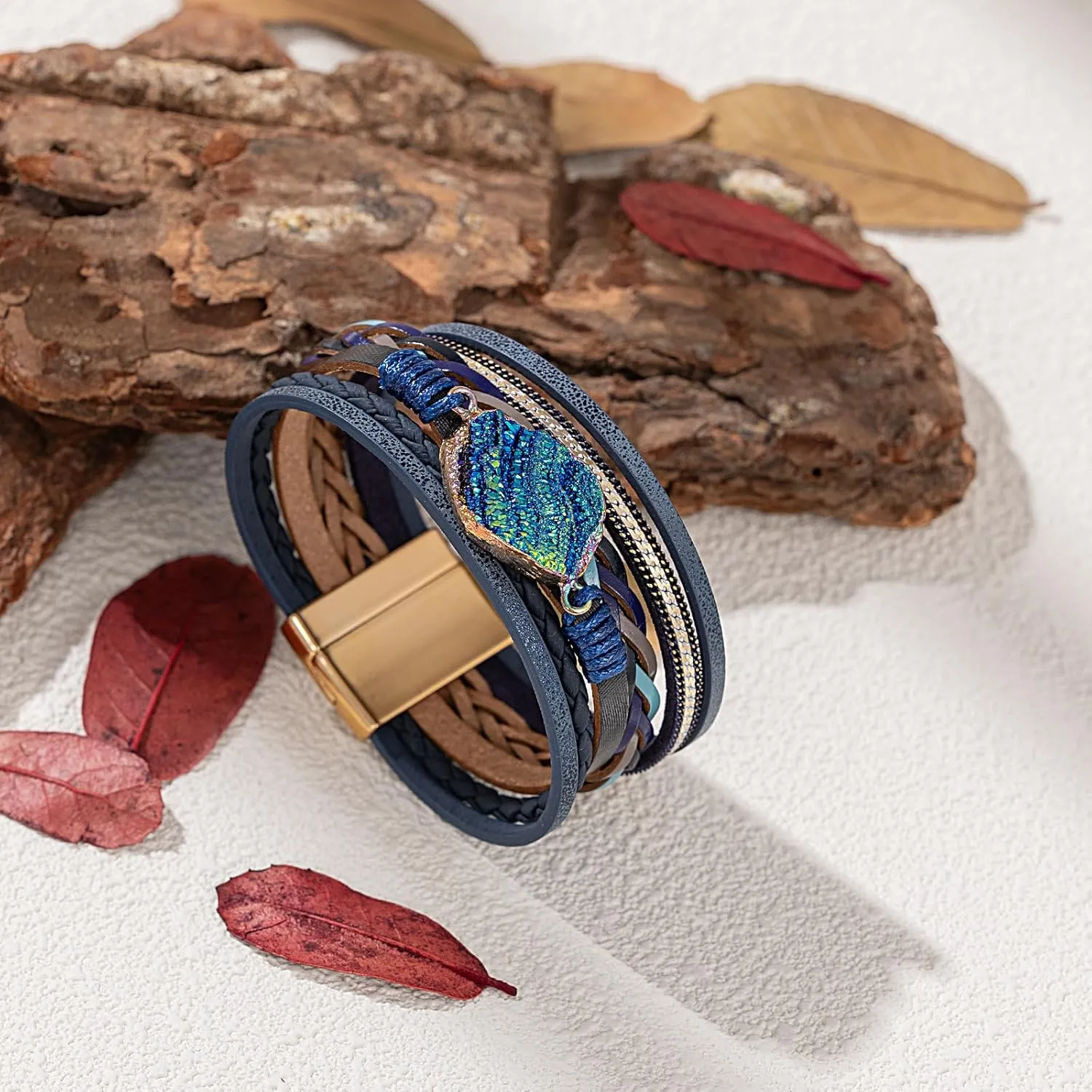 FANCY SHINY Braided Leather Bangle Bracelets Boho Resin Stone Wrap Bracelets Stackable Cuff Bracelets with Magnetic Clasp for Women
