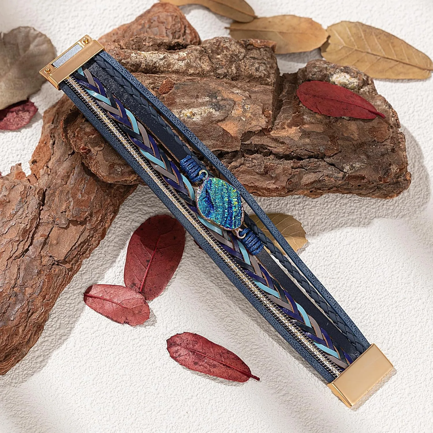 FANCY SHINY Braided Leather Bangle Bracelets Boho Resin Stone Wrap Bracelets Stackable Cuff Bracelets with Magnetic Clasp for Women