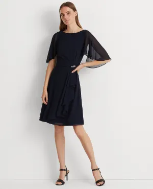 Flutter-Sleeve Georgette Dress In Navy