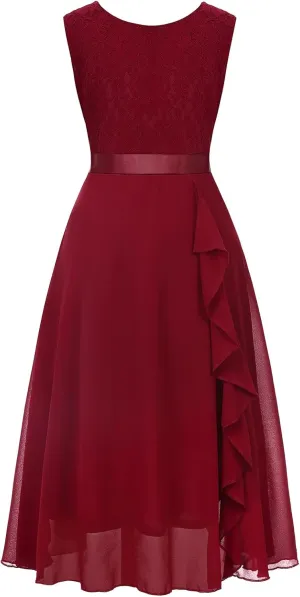 Girls Dress Sweet & Cute Puff Sleeve Square Neck Ruffle Dot Ruffle Swing Dress 5-14