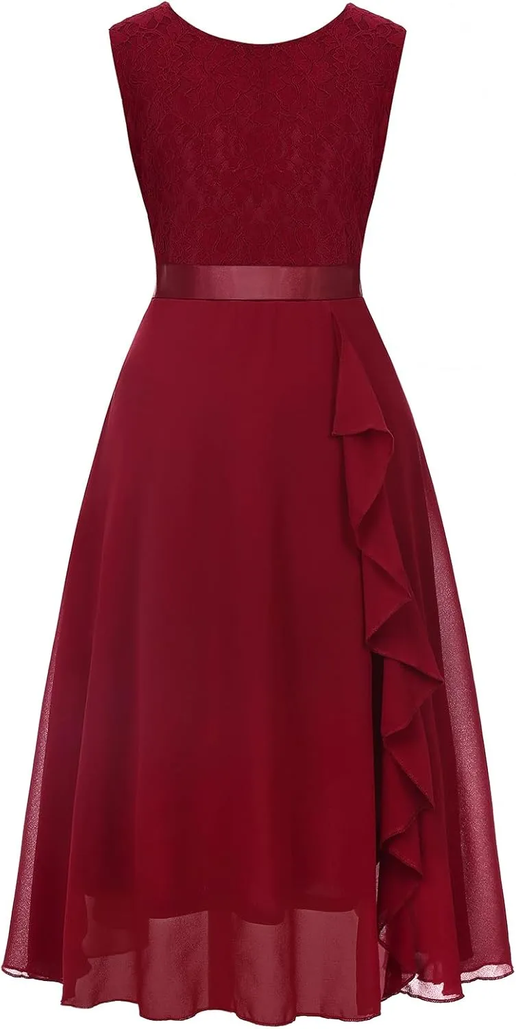 Girls Dress Sweet & Cute Puff Sleeve Square Neck Ruffle Dot Ruffle Swing Dress 5-14