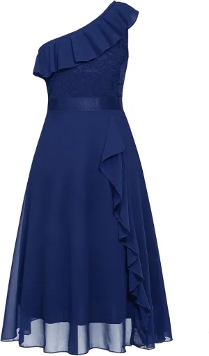 Girls Dress Sweet & Cute Puff Sleeve Square Neck Ruffle Dot Ruffle Swing Dress 5-14