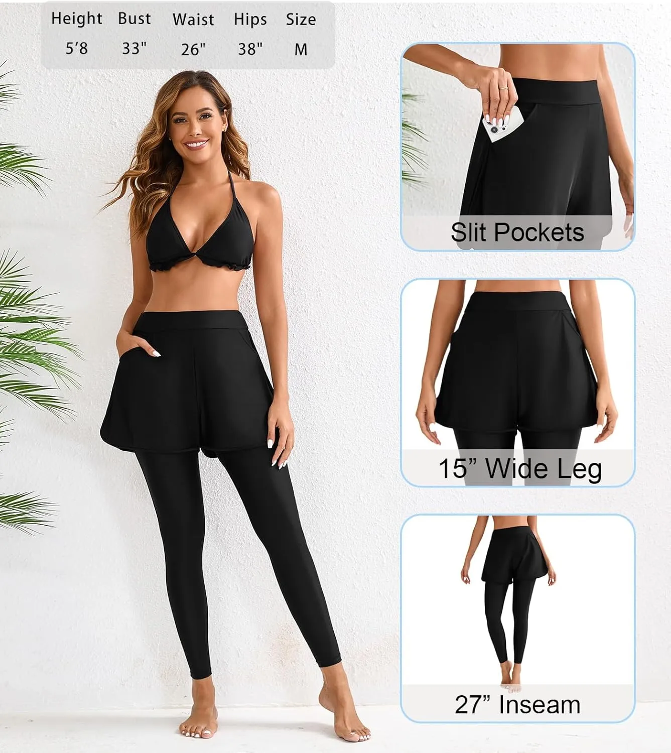 Halcurt Womens Swim Pants with Shorts 27" Swim Leggings Pockets Board Shorts Rash Guard Pants