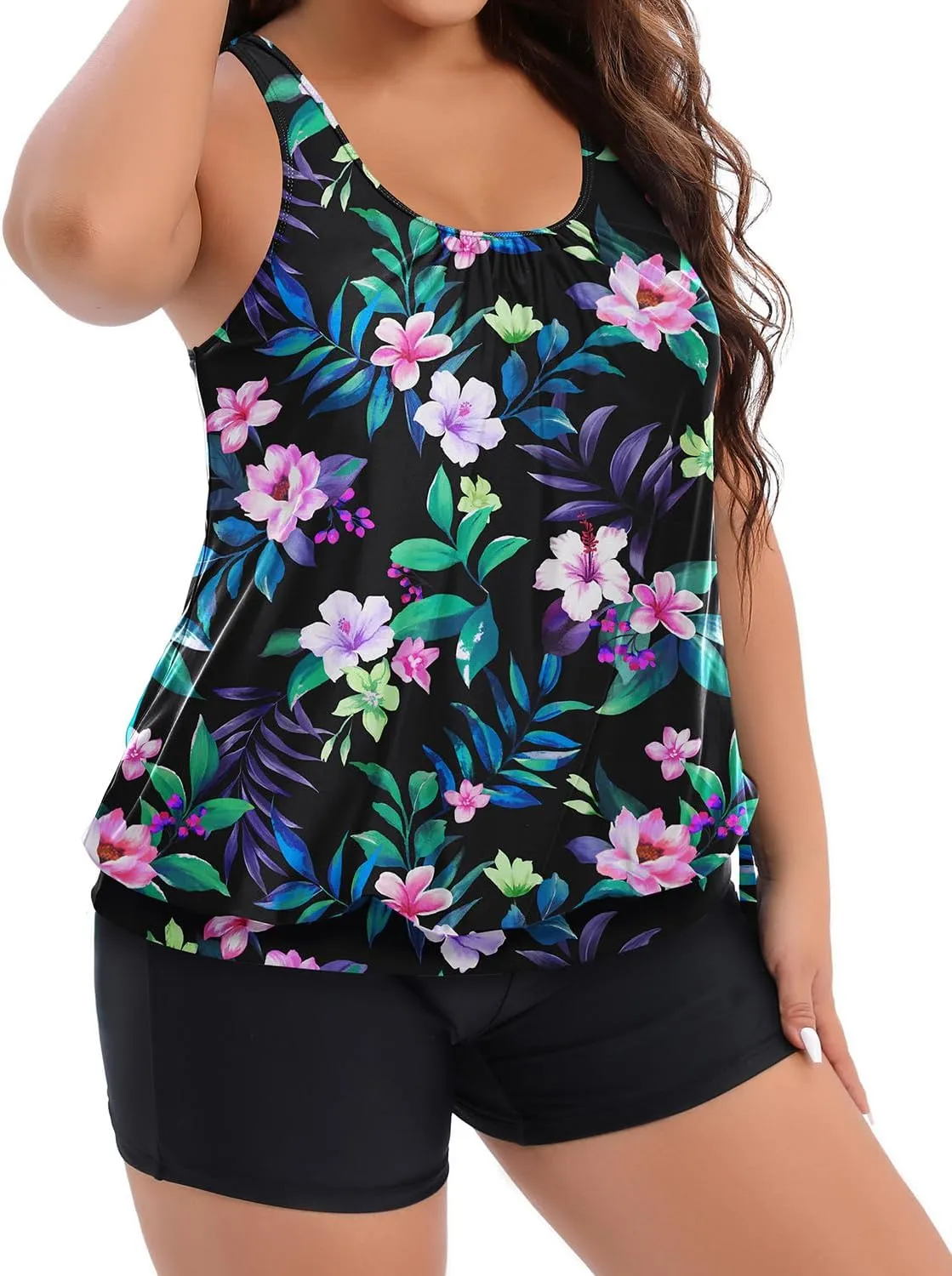 Holipick Women Plus Size Swimsuit Tummy Control Tankini Two Piece Bathing Suits Blouson Top with Boy Shorts