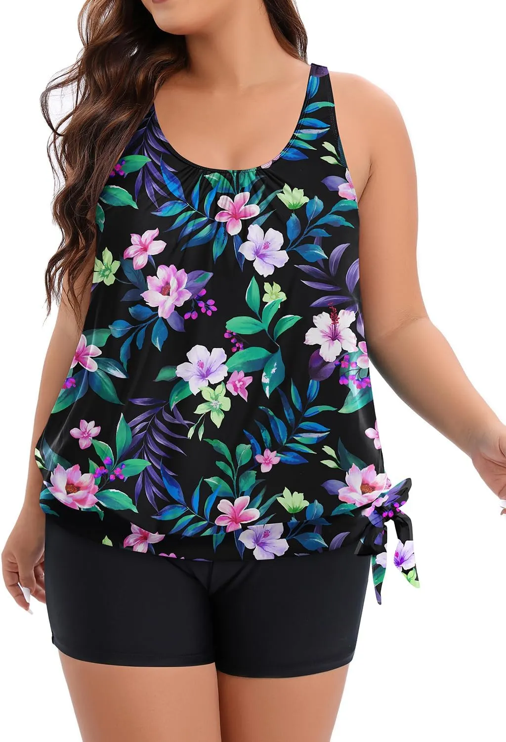 Holipick Women Plus Size Swimsuit Tummy Control Tankini Two Piece Bathing Suits Blouson Top with Boy Shorts