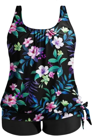 Holipick Women Plus Size Swimsuit Tummy Control Tankini Two Piece Bathing Suits Blouson Top with Boy Shorts