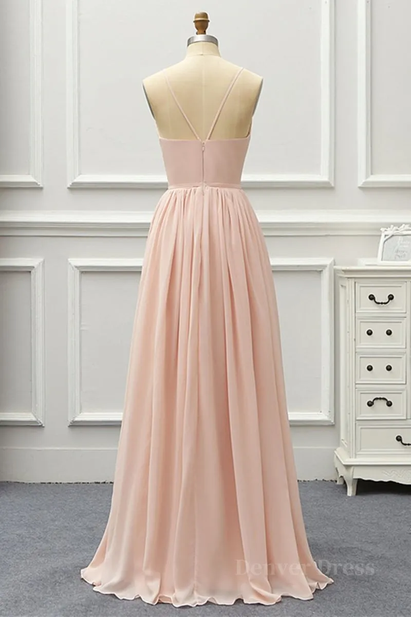kamahe Elegant A Line V Neck Pink Long Prom Dress, Pink Formal Graduation Evening Dress
