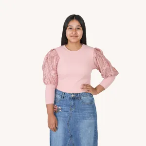 Lace Puffed Sleeves Crew Neck