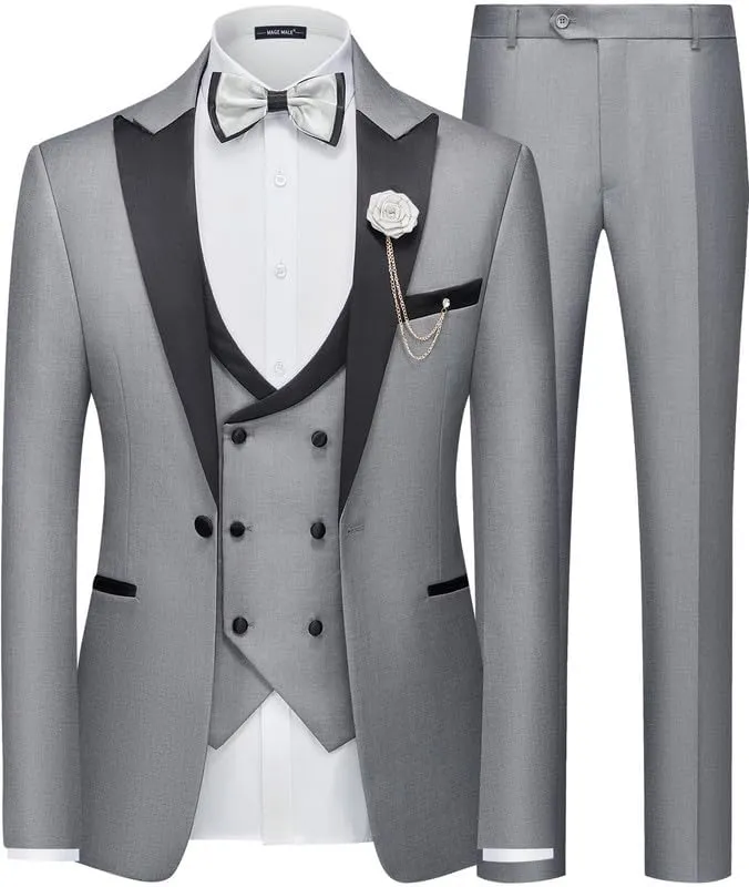 MAGE MALE Men's 3 Piece Suit One Button Slim Fit Formal Wedding Prom Tuxedo Suits Party Dinner Blazer Vest Pants Set