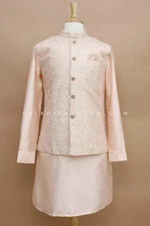 Mens Chikankari Work Jacket Kurta In Light Peach Color