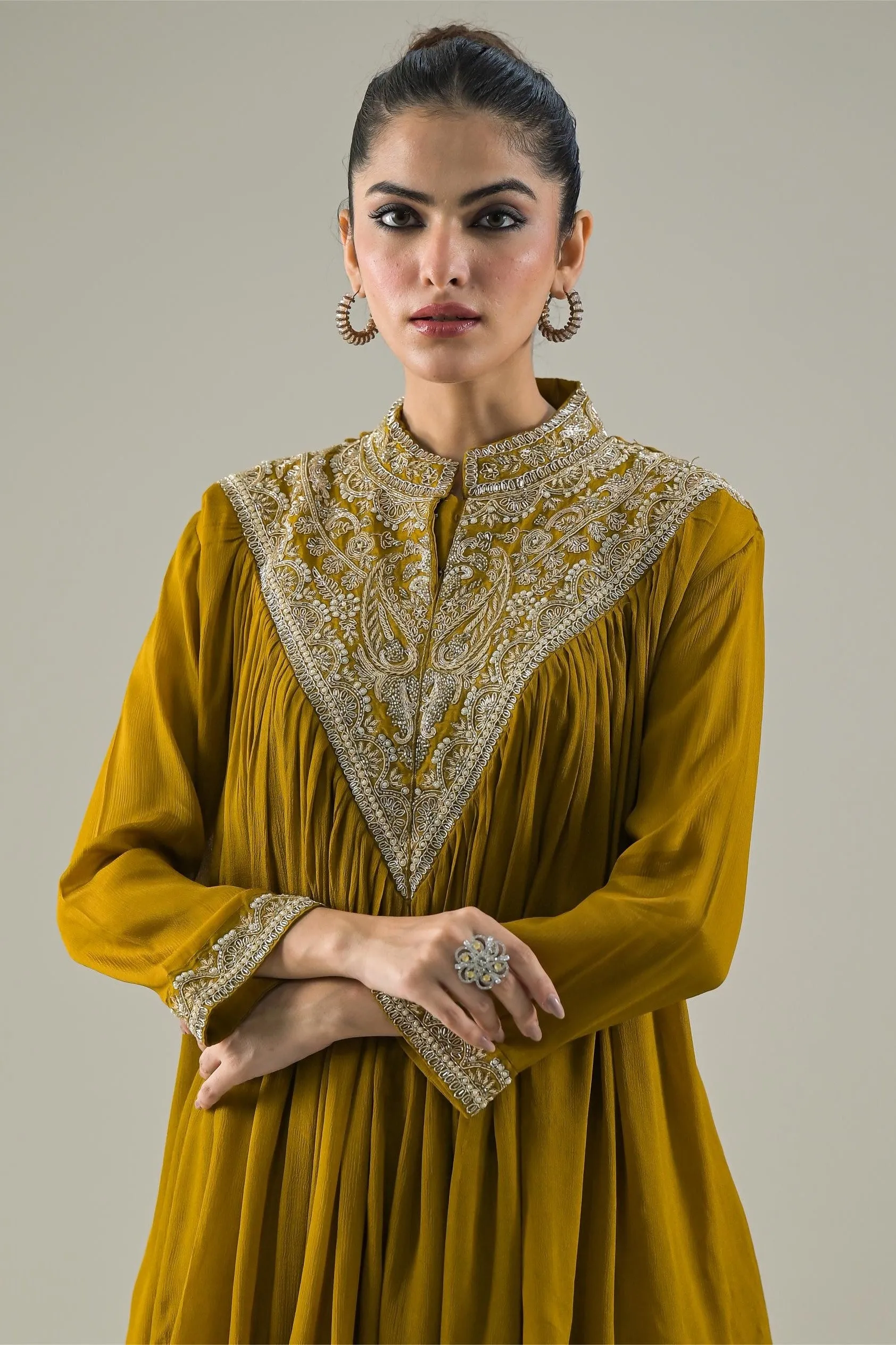 Ochre Yellow Embroidered Chinon Silk Kurta & Skirt Set