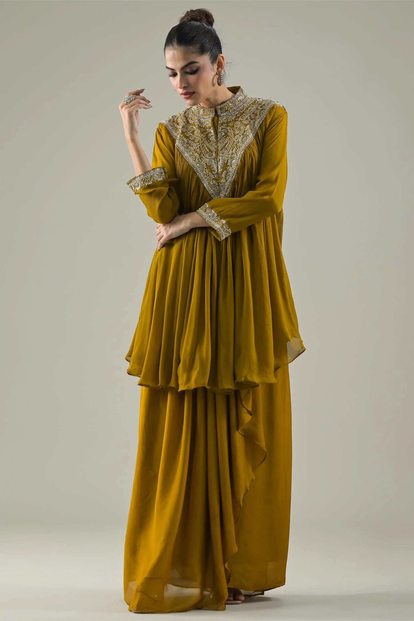 Ochre Yellow Embroidered Chinon Silk Kurta & Skirt Set