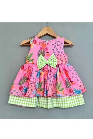 Pink Cotton Floral Dress with Gingham Checks