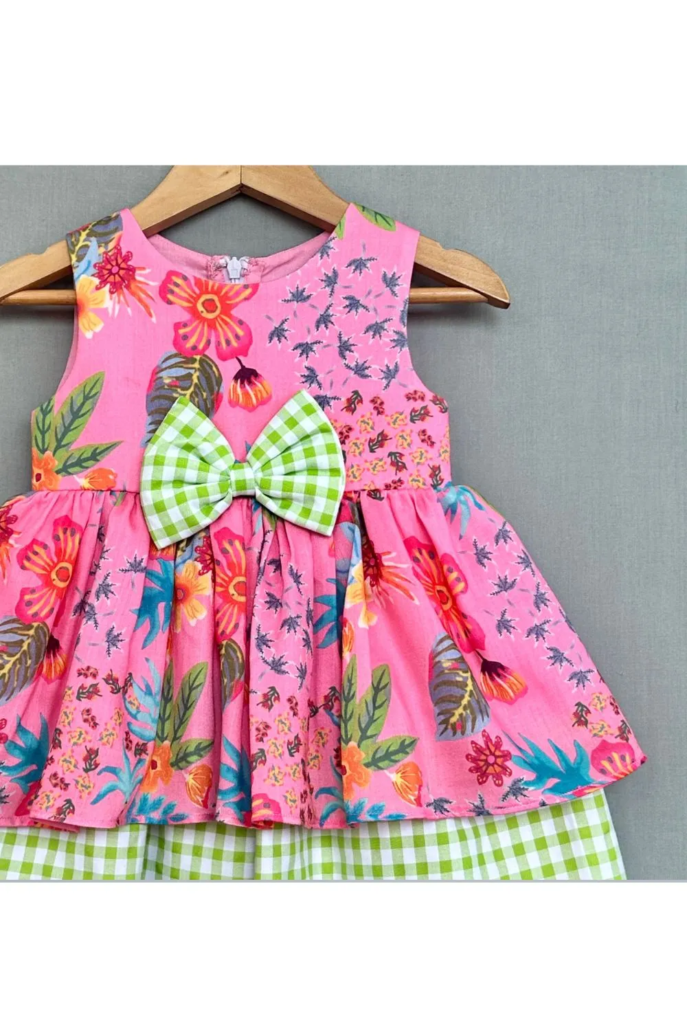 Pink Cotton Floral Dress with Gingham Checks
