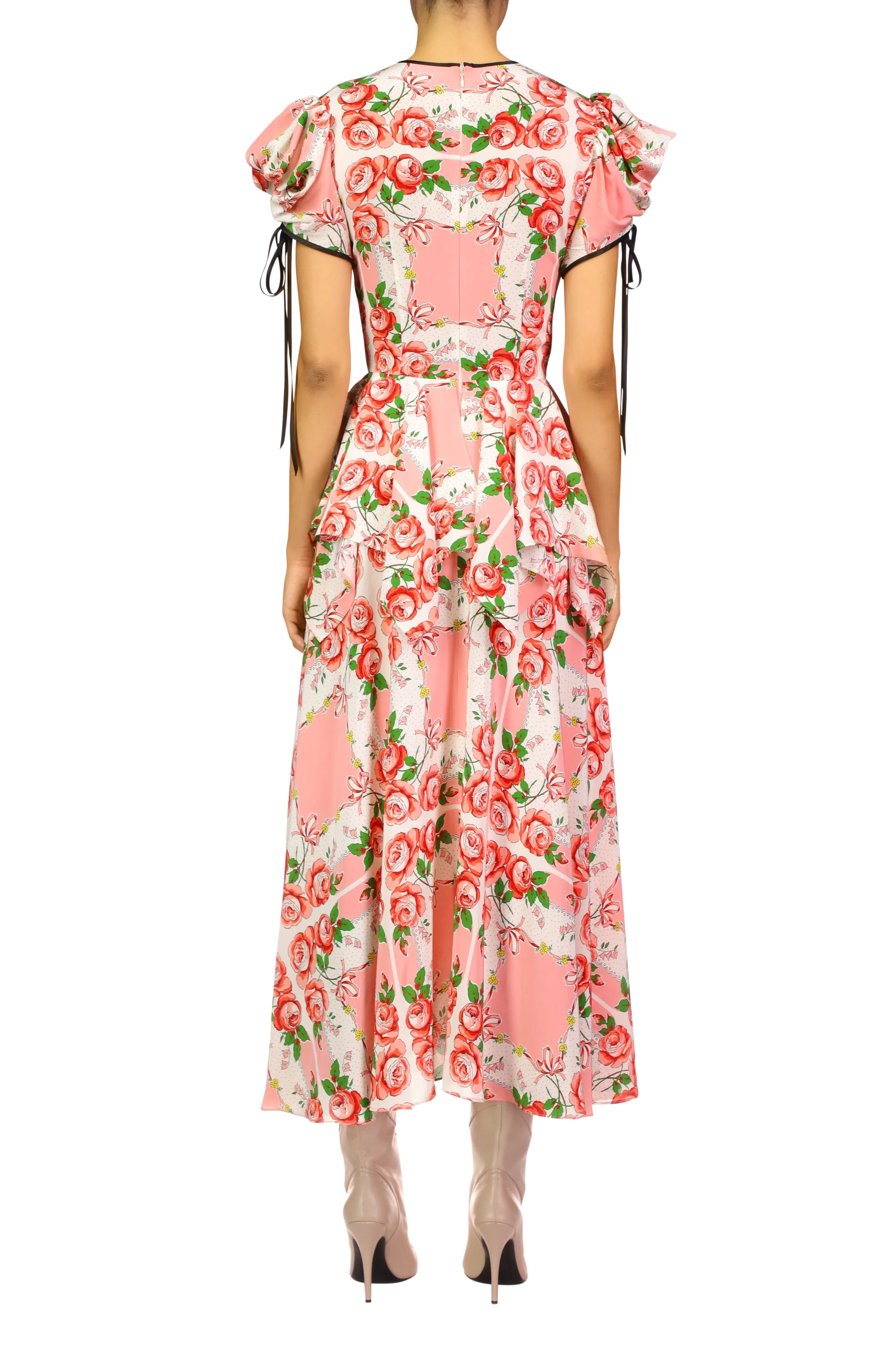 Pink Rose Printed Silk Puff Sleeve Dress With Peplum Detail