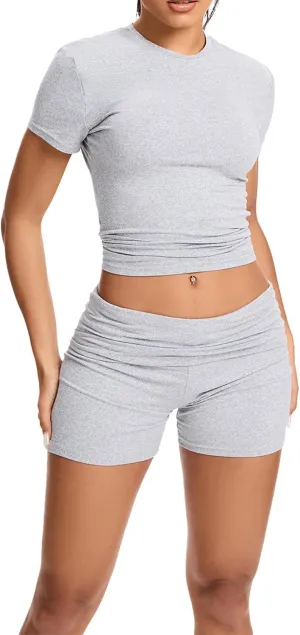 qfmqkpi Women Workout 2 Piece sets Short Sleeve Tops Slim Foldover Shorts Matching Gym Outfits Tracksuit