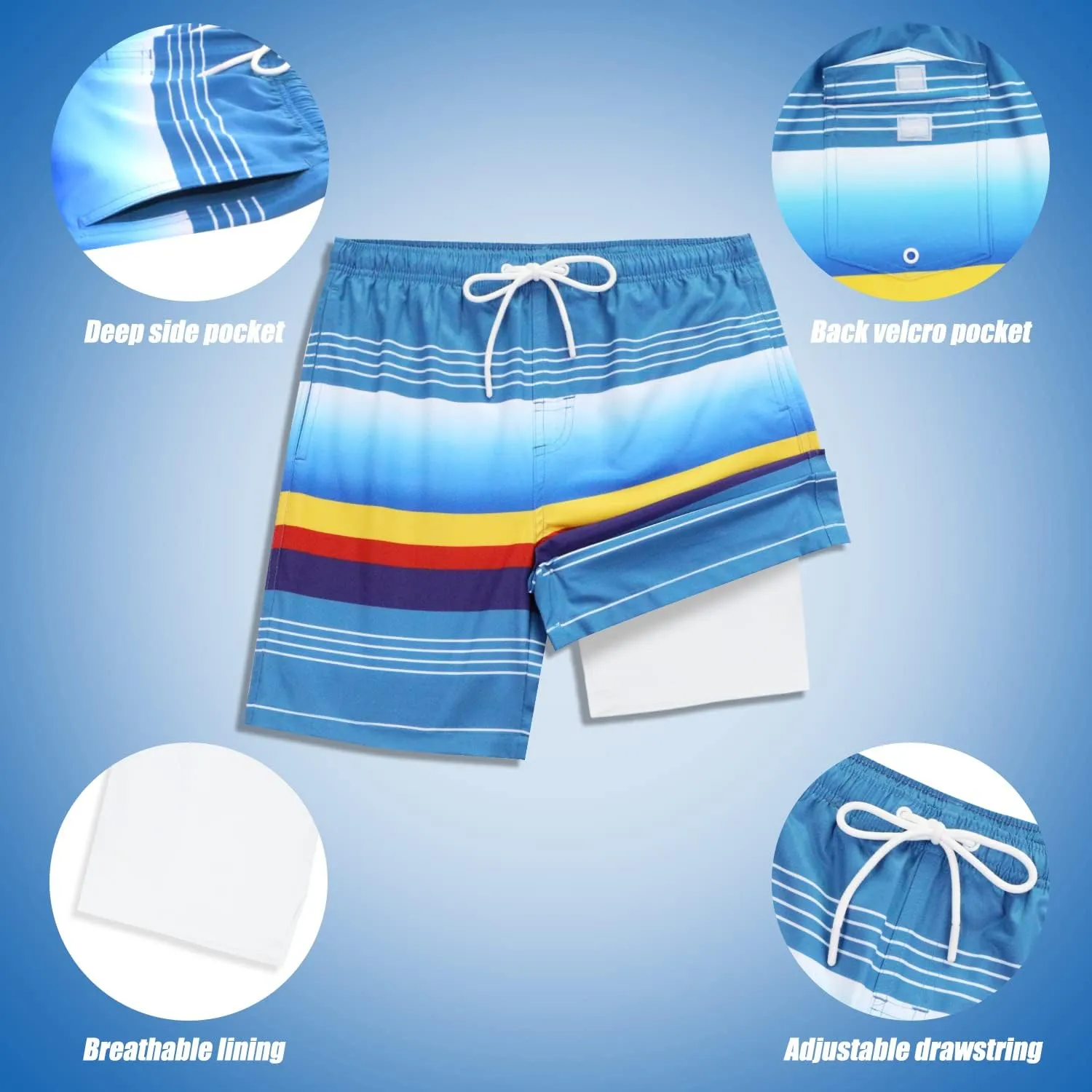QRANSS Boys Swim Trunks with Compression Liner,No Mesh Anti-Chafing Comfy Swimming Trunks with Boxer Brief Liner,Size 6-20