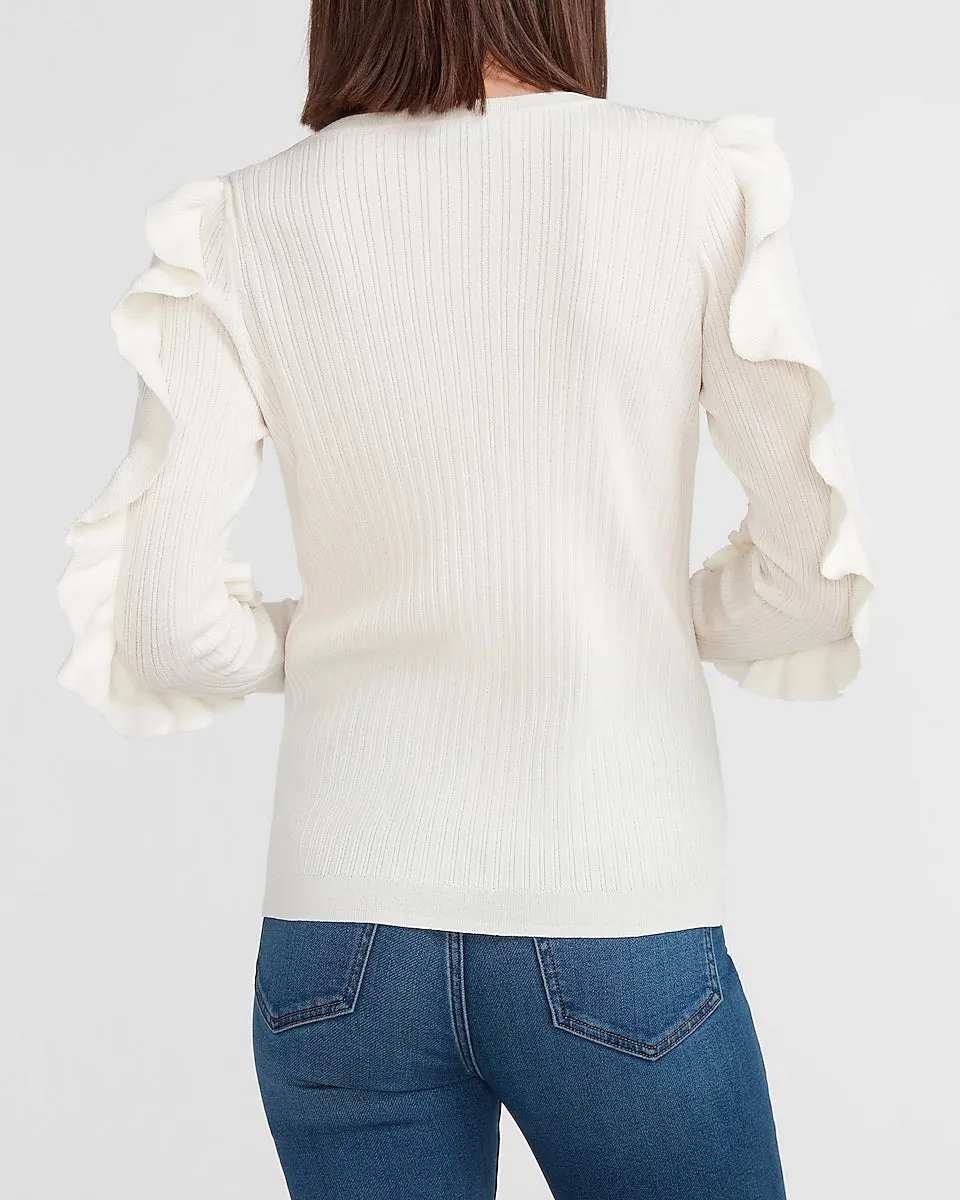 Ribbed Ruffle Sleeve Sweater in Ivory