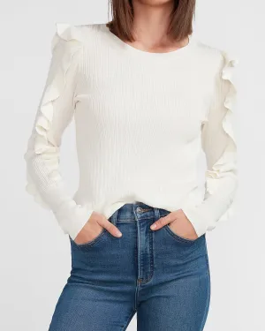 Ribbed Ruffle Sleeve Sweater in Ivory