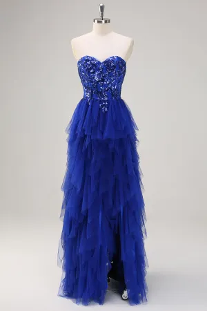 Royal Blue Sequined Tulle Sweetheart Sheath Prom Dress with Slit