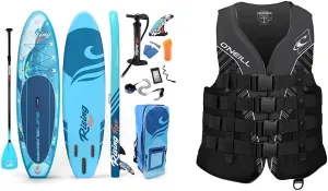 SereneLife Inflatable Stand Up Paddle Board (6 Inches Thick) with Premium SUP Accessories & Carry Bag | Wide Stance & O'Neill Men's Superlite USCG Life Vest,Black/Black/Smoke:White,M