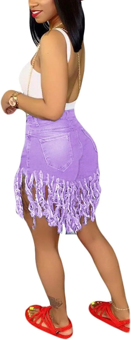 SIAEAMRG Women's Juniors Denim Shorts, High Waisted Frayed Raw Hem Tassels Short Pants Jeans