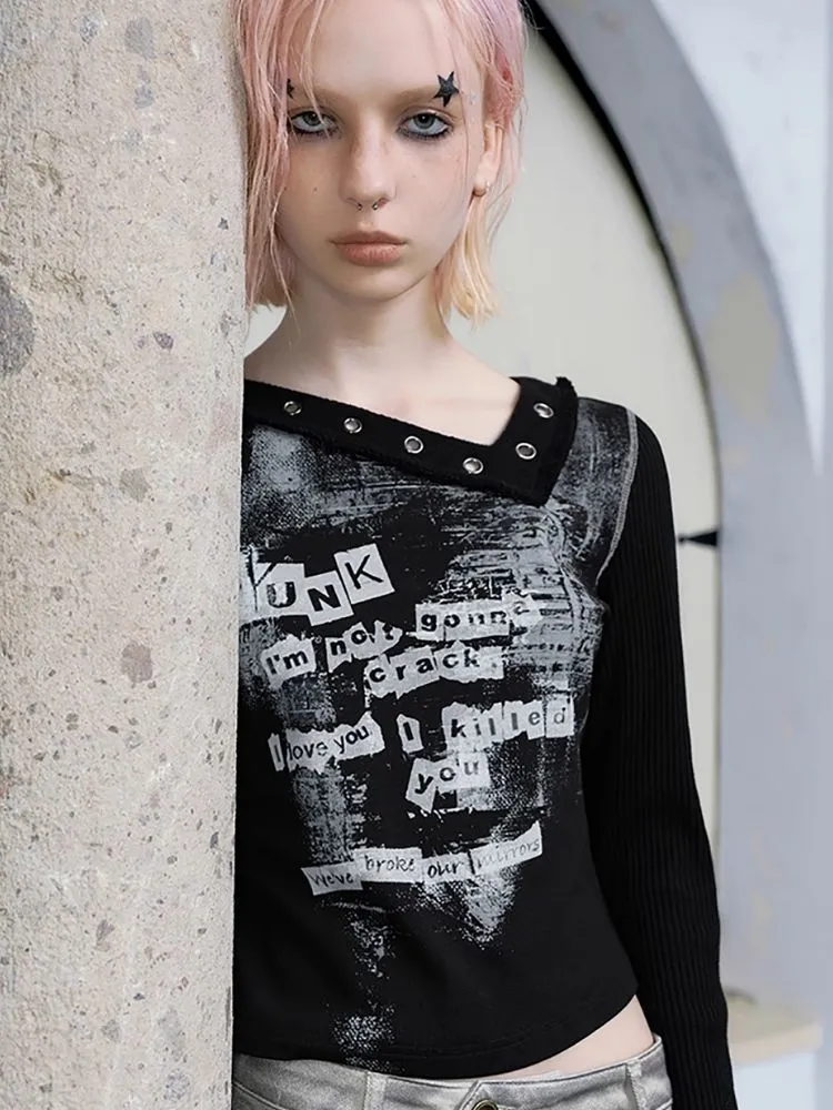 Sweet Cool Slant Neck Patchwork Graffiti Top【s0000004526】