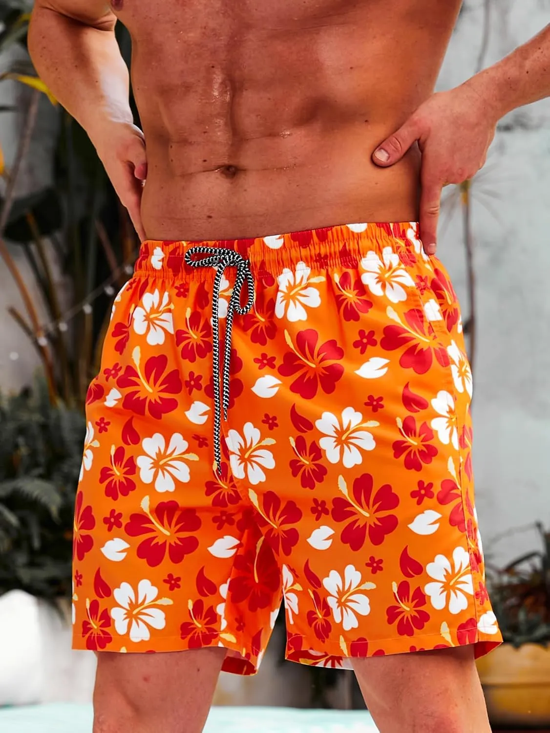 Verdusa Men's Floral Print Drawstring Elastic Waist Swim Trunks Summer Beach Shorts