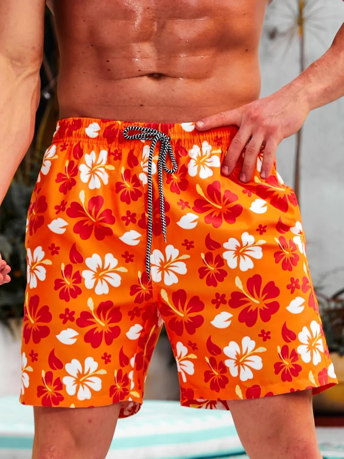 Verdusa Men's Floral Print Drawstring Elastic Waist Swim Trunks Summer Beach Shorts