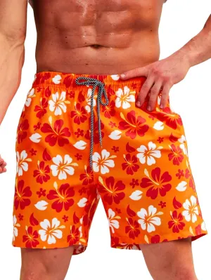 Verdusa Men's Floral Print Drawstring Elastic Waist Swim Trunks Summer Beach Shorts