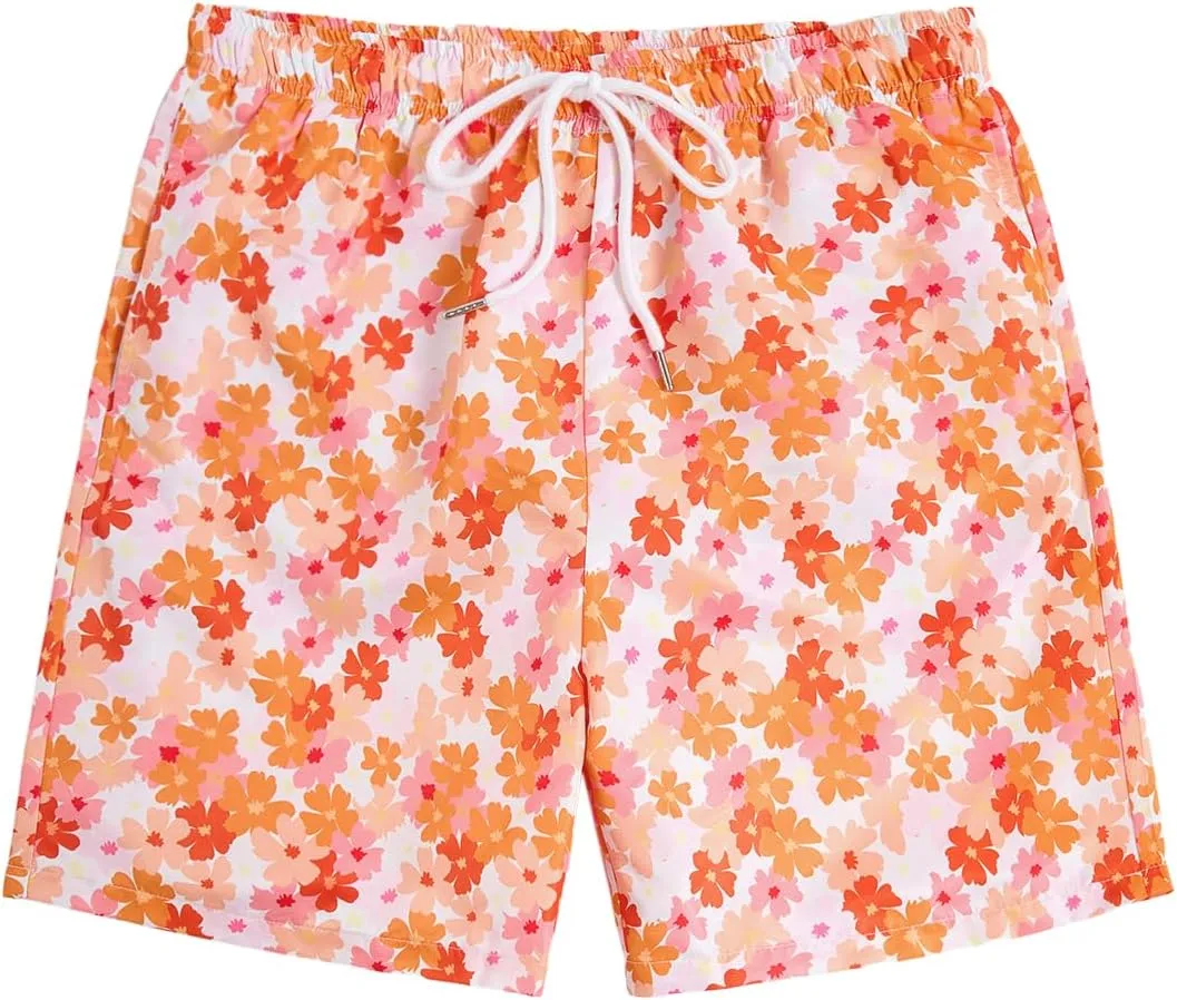 Verdusa Men's Floral Print Drawstring Elastic Waist Swim Trunks Summer Beach Shorts